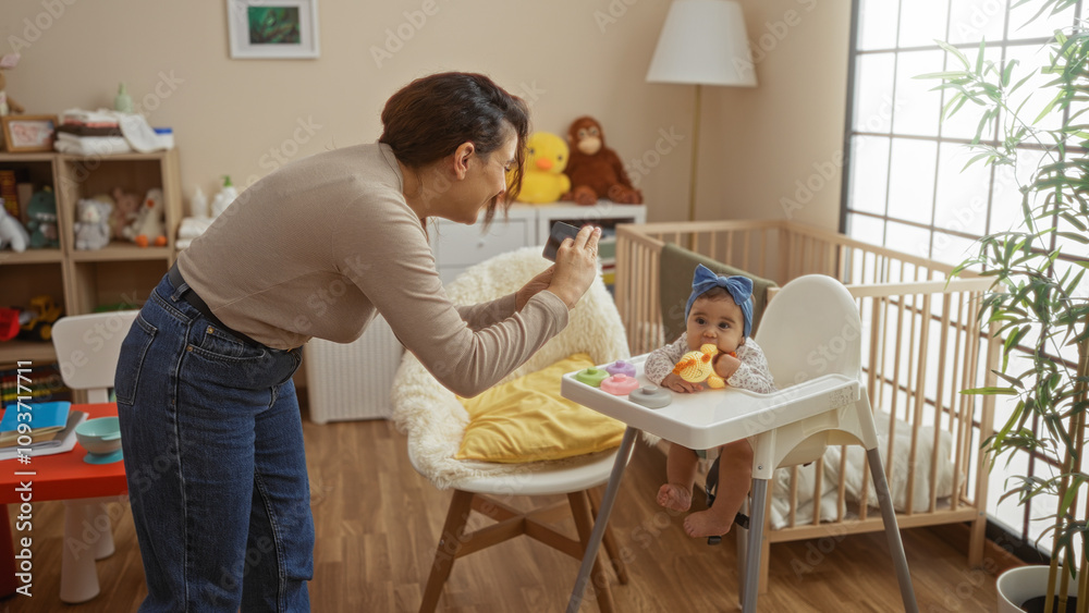 Woman photographing baby in cradle while standing in cozy bedroom; intimate mother-daughter moment full of love and warmth in stylish home interior. Woman photographing baby in cradle while standing in cozy bedroom; intimate mother-daughter moment full of love and warmth in stylish home interior.