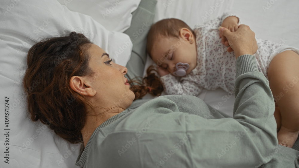 Woman and baby resting lovingly on bed in a serene bedroom, depicting a peaceful family bond and intimate motherhood moment indoors. Woman and baby resting lovingly on bed in a serene bedroom, depicting a peaceful family bond and intimate motherhood moment indoors.