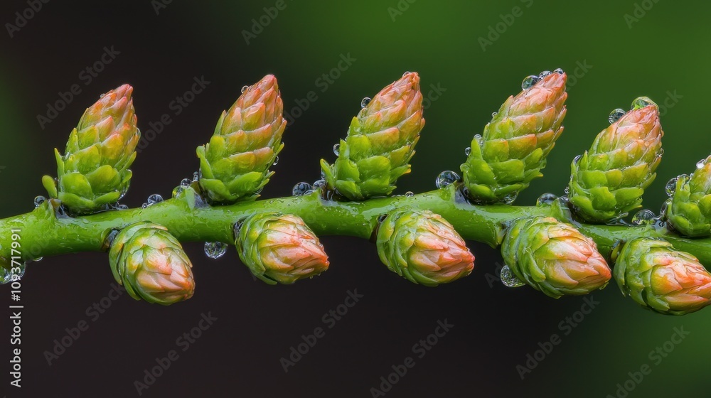 Dew-Covered Green Buds on a Branch Dew-Covered Green Buds on a Branch
