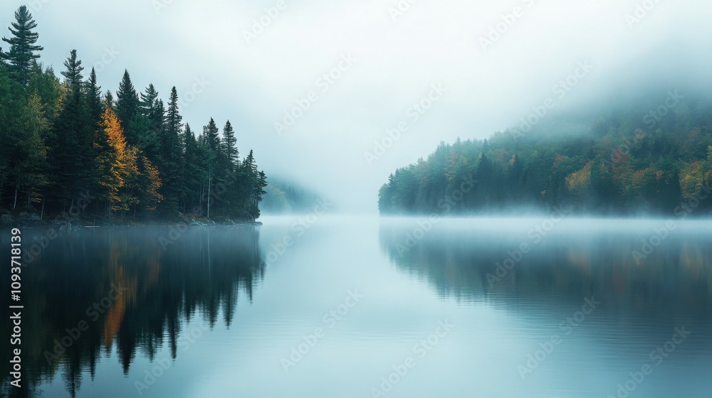 Serene lake surrounded by dense fog, creating a tranquil atmosphere with soft water reflections. Serene lake surrounded by dense fog, creating a tranquil atmosphere with soft water reflections.
