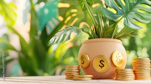 Gold Coins Surrounding a Potted Plant with Dollar Sign Decorations photo