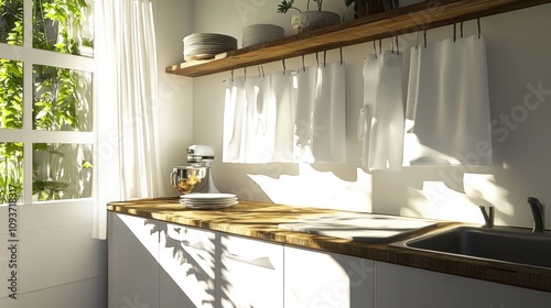 Kitchen Interior with Sunlight Streaming through Window and White Curtains photo