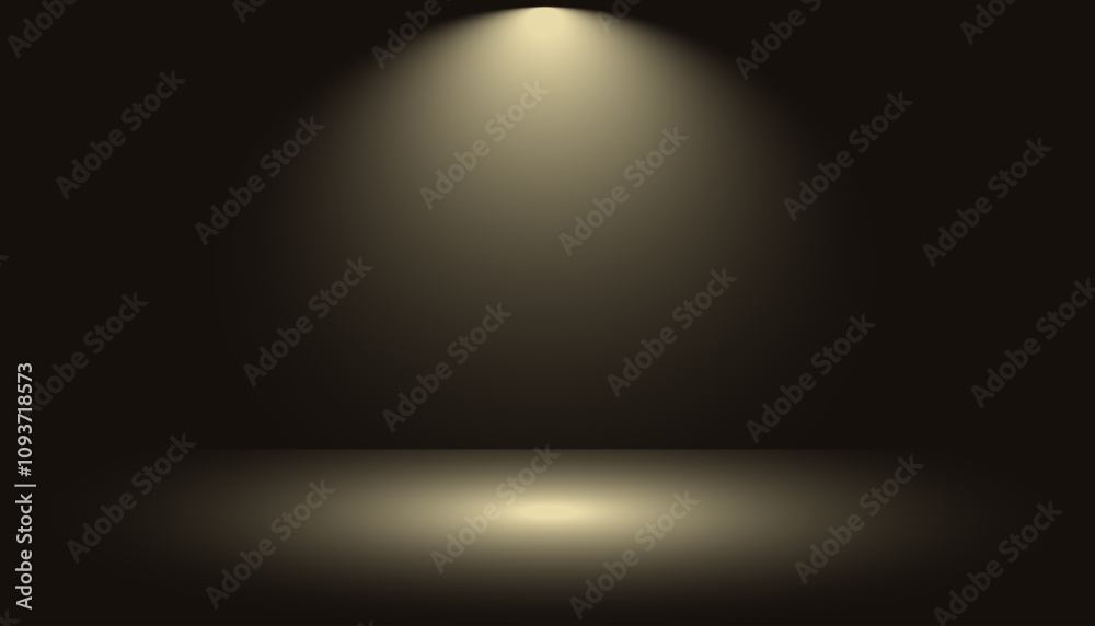 Dark golden studio room gradient background with spotlights shining on abstract pattern floor, empty space for award ceremony, luxury premium scene, vector illustration.