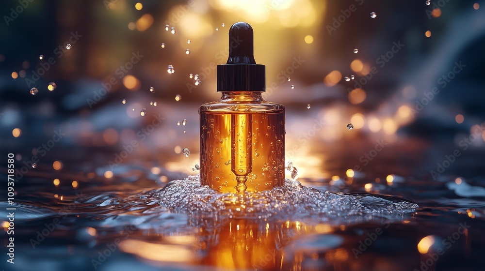Captivating Serum Bottle Glowing in Natural Water Setting Captivating Serum Bottle Glowing in Natural Water Setting
