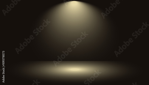 Dark golden studio room gradient background with spotlights shining on abstract pattern floor, empty space for award ceremony, luxury premium scene, vector illustration.