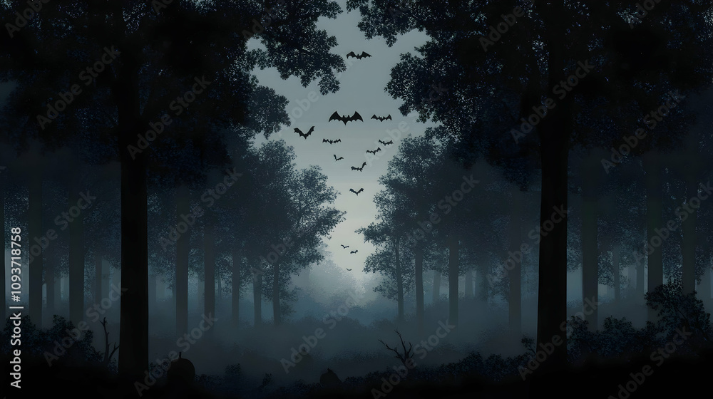 Enigmatic Twilight in a Misty Forest with Bats Flying Silhouetted Against a Dimly Lit Sky, Evoking a Mysterious and Haunting Atmosphere Enigmatic Twilight in a Misty Forest with Bats Flying Silhouetted Against a Dimly Lit Sky, Evoking a Mysterious and Haunting Atmosphere