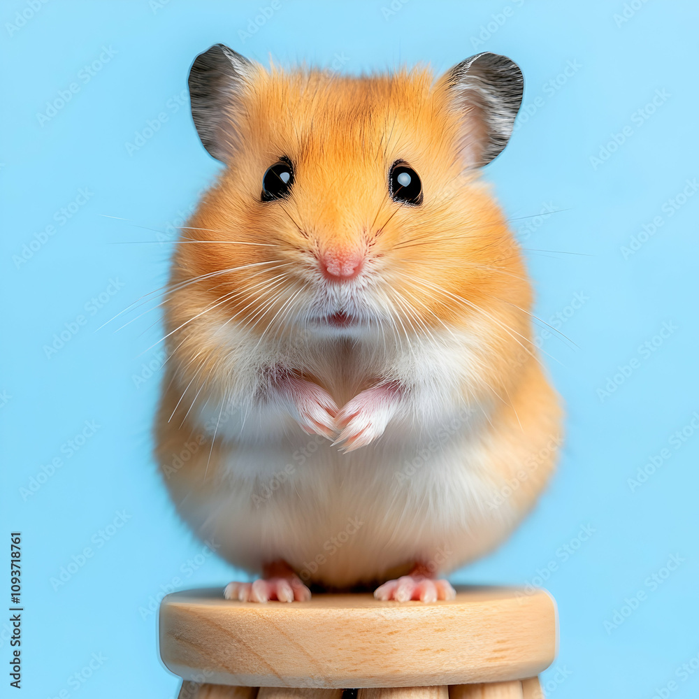 Fototapeta premium Cute and Fluffy Hamster Sitting on a Wooden Stool with a Playful Expression, Captured in High-Resolution to Highlight its Adorable Features and Soft Fur Texture