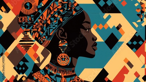 A striking illustration of a woman with vibrant African cultural patterns and jewelry, set against a colorful geometric background. photo