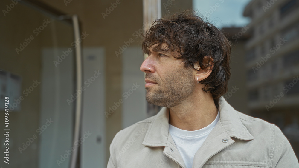 Young man with curly hair and earrings standing on an urban street looking thoughtful against a city backdrop. Young man with curly hair and earrings standing on an urban street looking thoughtful against a city backdrop.
