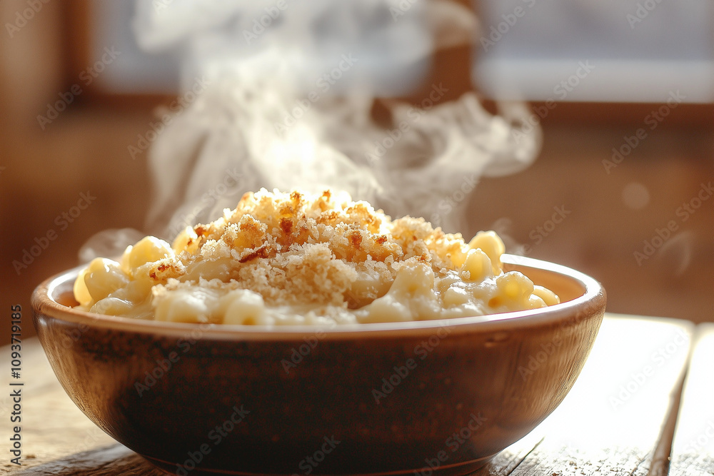 rustic bowl of steaming mac and cheese with breadcrumbs on a wooden table during sunset rustic bowl of steaming mac and cheese with breadcrumbs on a wooden table during sunset