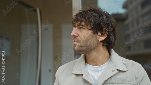 Young man with curly hair and earrings standing on an urban street looking thoughtful against a city backdrop.