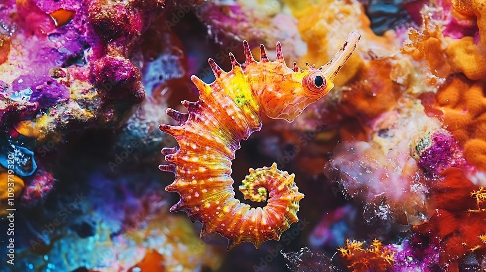 Obraz premium Vibrant seahorse gracefully curled amidst a kaleidoscope of colorful coral. A mesmerizing underwater spectacle!