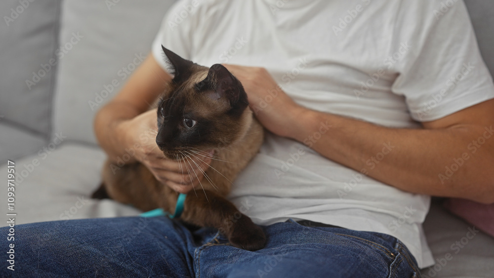 A man cuddling his siamese cat on a couch, illustrating companionship at home. A man cuddling his siamese cat on a couch, illustrating companionship at home.