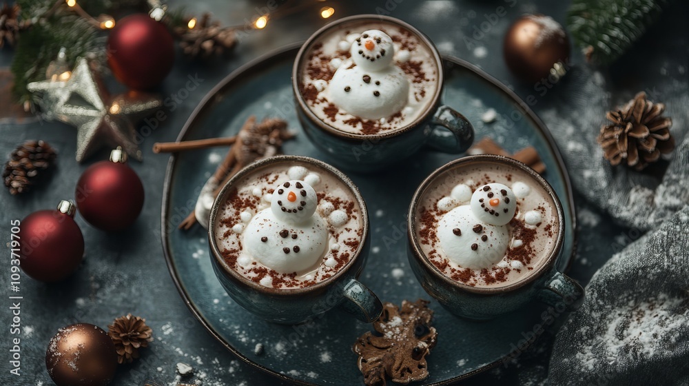 Delightful Christmas hot chocolate topped with playful dancing snowman crafted from fluffy marshmallows. Perfect festive treat to warm up on a chilly winter day. Delightful Christmas hot chocolate topped with playful dancing snowman crafted from fluffy marshmallows. Perfect festive treat to warm up on a chilly winter day.