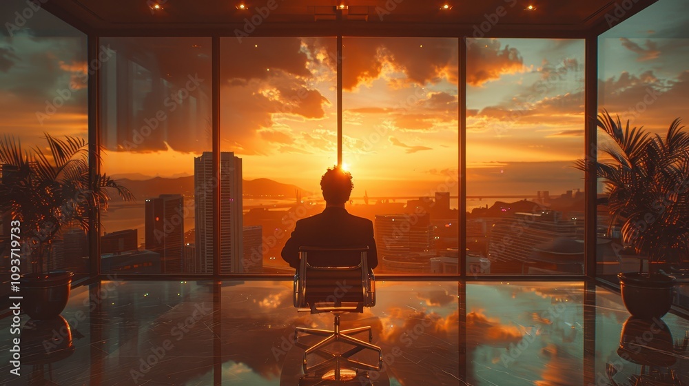 Sunset silhouette in a high-rise office overlooking a vibrant cityscape at dusk. Generative AI Sunset silhouette in a high-rise office overlooking a vibrant cityscape at dusk. Generative AI