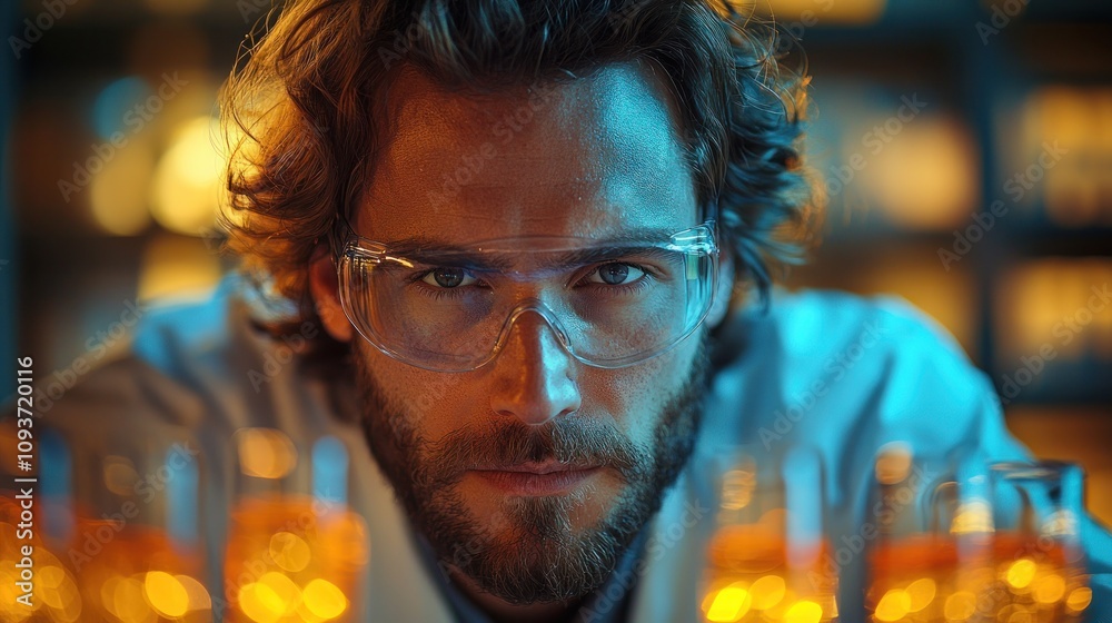 Close up of a scientist in a lab looking at chemicals. Close up of a scientist in a lab looking at chemicals.
