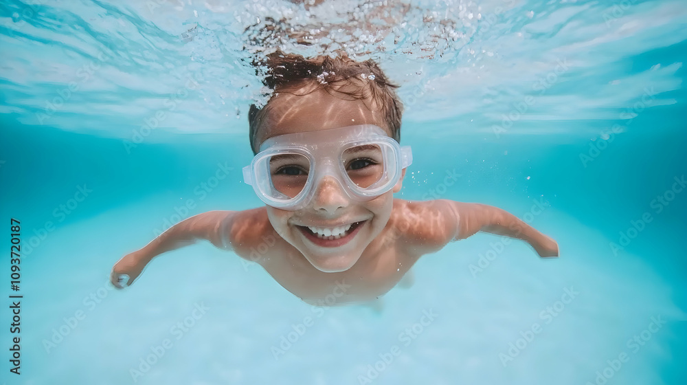 Naklejka premium Joyful Child Swimming Underwater With Goggles, Exhibiting Pure Happiness and Playfulness in a Bright Blue Pool, Capturing the Essence of Summer Fun and Adventure