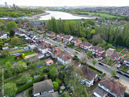 Aerial View of Downtown and Central Wembley London City of England Great Britain. High Angle Footage Was Captured with Drone's Camera from Medium High Altitude on April 16th, 2024