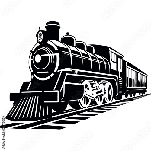 Vintage Steam Locomotive Vector : A classic black and white illustration of a powerful steam locomotive chugging along the tracks, evoking a sense of nostalgia and adventure. 