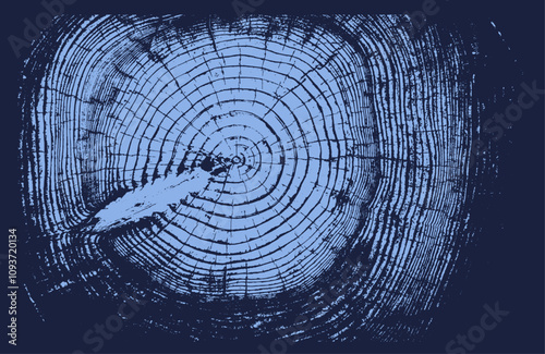 Blue monotone close up of vintage end grain of wood slab. Tree rings art with texture and cracked surface.