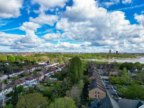 Aerial View of Downtown and Central Wembley London City of England Great Britain. High Angle Footage Was Captured with Drone's Camera from Medium High Altitude on April 16th, 2024 photo