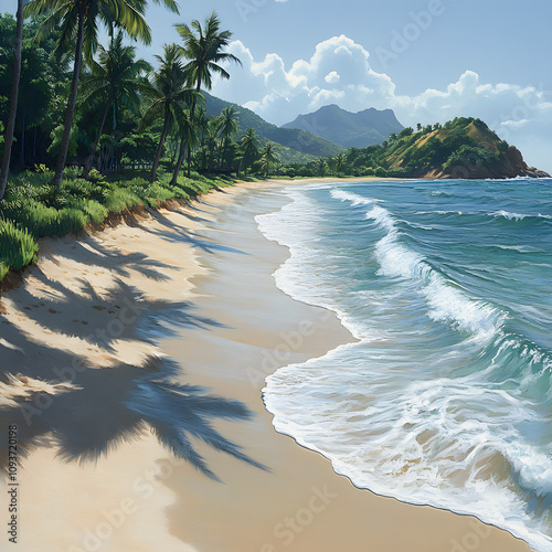 a serene beach in goa with coconut trees, waves, and distant hills during the day highlighted by white, png photo