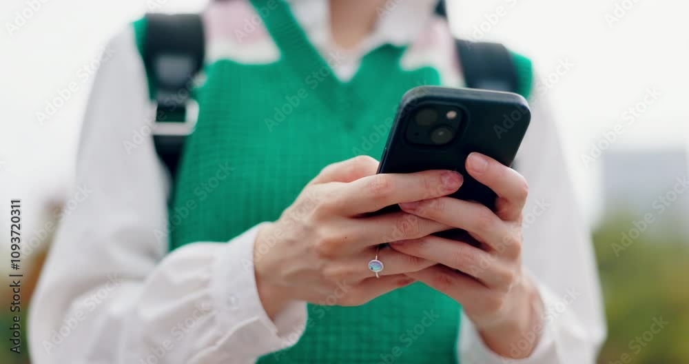 City, typing and hands of person with smartphone, online chat and checking schedule on morning commute. Urban, park and university student in Japan with phone, search and mobile app for communication