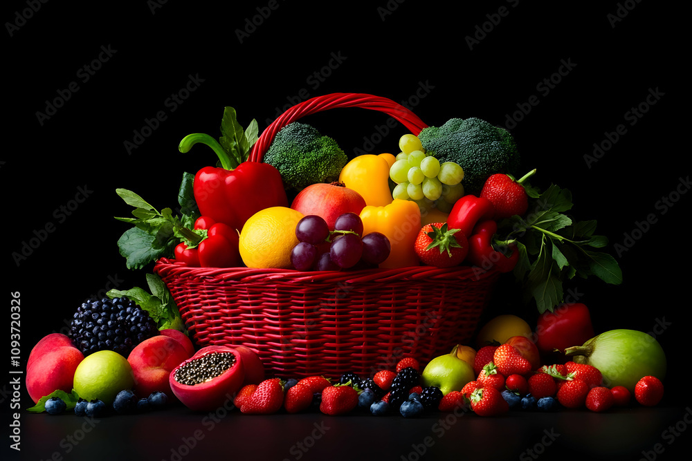 Vibrant Vegetable and Fruit Basket on a Dark Background Showcasing Fresh Produce, Including Berries, Grapes, Apples, and Broccoli, Perfect for Healthy Lifestyle Themes