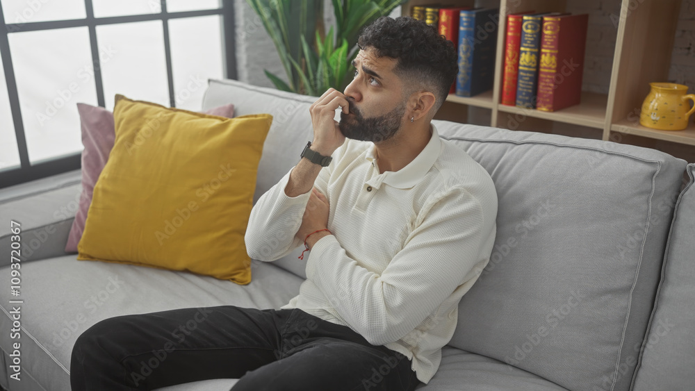 A thoughtful young hispanic man with a beard sits on a gray sofa in a modern living room, poignant and contemplative A thoughtful young hispanic man with a beard sits on a gray sofa in a modern living room, poignant and contemplative