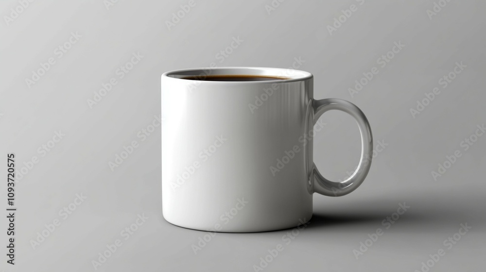 Fototapeta premium A white ceramic coffee mug with a minimalist design on a gray background, perfect for branding and product display.