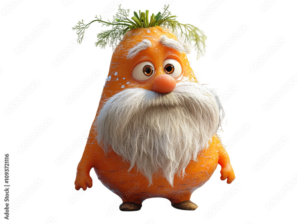 Obraz premium Cute 3d Carrot Character with White Beard and Green TopCartoon style, isolated on transparent background 