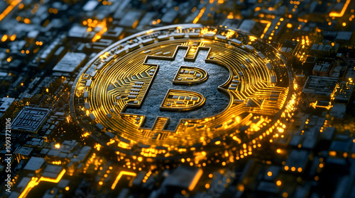 Detailed illustration of a Bitcoin symbol glowing in a complex digital circuit background, representing blockchain technology and the future of cryptocurrency finance.