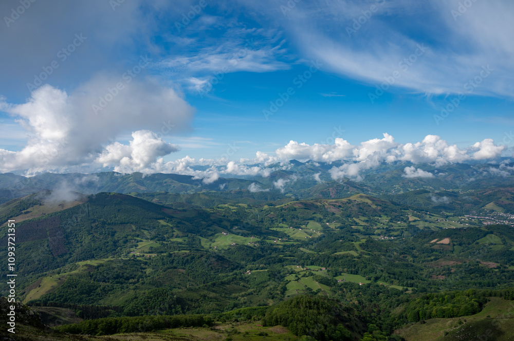 Travelling by old wooden train up to Larrun or La Rhune, Larhune mountain at the western end of the Pyrenees located on border of France and Spain, in traditional Basque provinces Labourd and Navarra