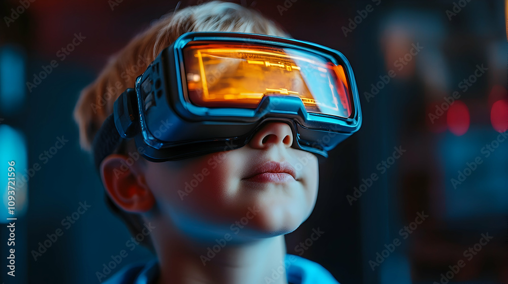 Young Boy Experiencing Virtual Reality Adventure with Futuristic Headset in a Dark, Colorful Setting, Engaging Imagination and Creativity Young Boy Experiencing Virtual Reality Adventure with Futuristic Headset in a Dark, Colorful Setting, Engaging Imagination and Creativity