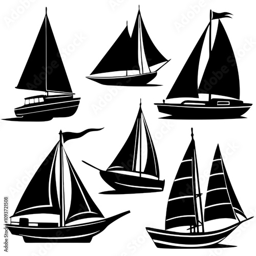 Vector Sailboat Collection: A stylish set of six sailboat silhouettes, perfect for nautical-themed designs.  Each vessel is uniquely detailed, offering versatility for various applications.