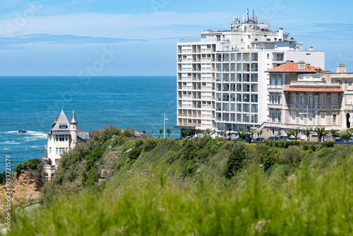 Houses and streets of touristic Biarritz city, Basque Country, Bay of Biscay of Atlantic ocean, France photo