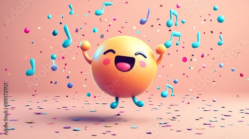 A cheerful, smiling emoji surrounded by colorful music notes and confetti, expressing happiness and celebration, in a vibrant digital style illustration.