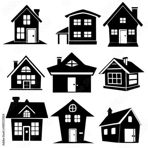 Vector House Icons Set: A collection of nine distinct house icons, each rendered in a simple black silhouette, offering a versatile visual for real estate, home design, or architecture projects. 