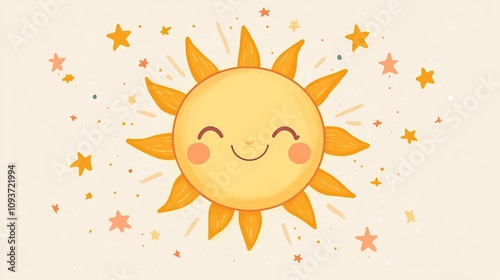 A happy, smiling sun surrounded by radiating rays and stars, illustrated in a whimsical and cheerful style, evoking warmth and positivity, in digital art.