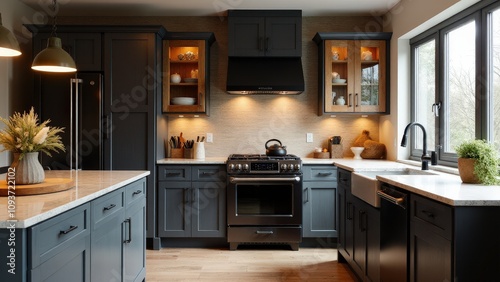 Dark gray kitchen cabinets with a textured finish, rustic wood elements, and black fixtures combine for a cozy yet stylish kitchen ambiance.