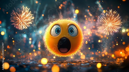 A vibrant animated emoji with wide eyes expresses surprise and delight amid a dazzling backdrop of fireworks, celebrating excitement and joy in a digital style.