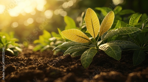 Close up of a green plant with a yellow leaf in the sun. photo