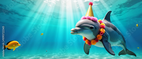 Playful dolphin in party attire underwater, marine celebration