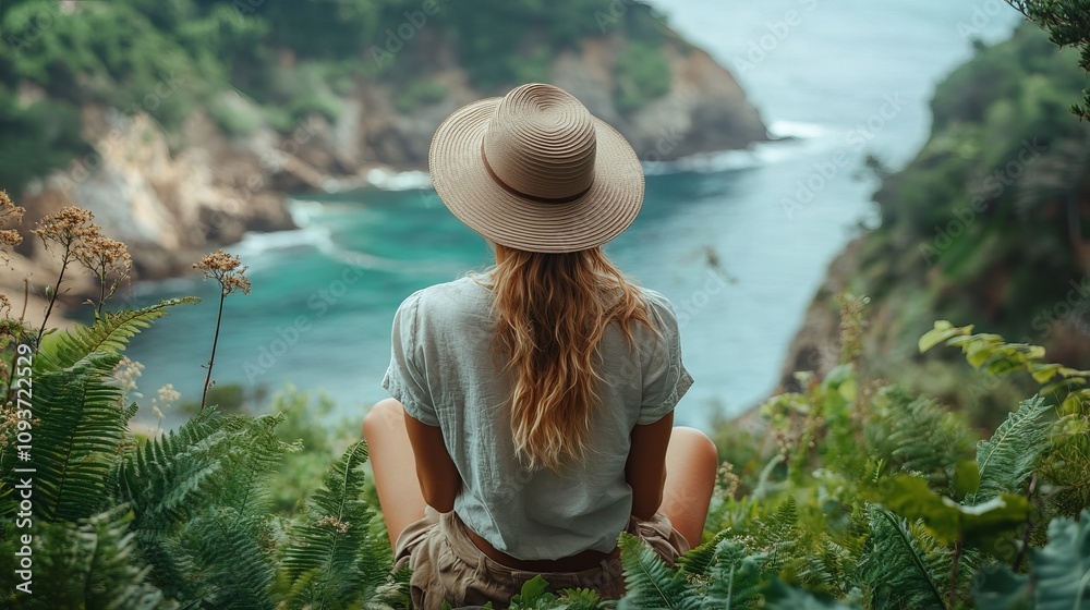 Fototapeta premium A woman wearing a wide-brimmed hat admires the tranquil coastal scenery, surrounded by lush greenery, depicting beauty and solitude in nature's embrace.