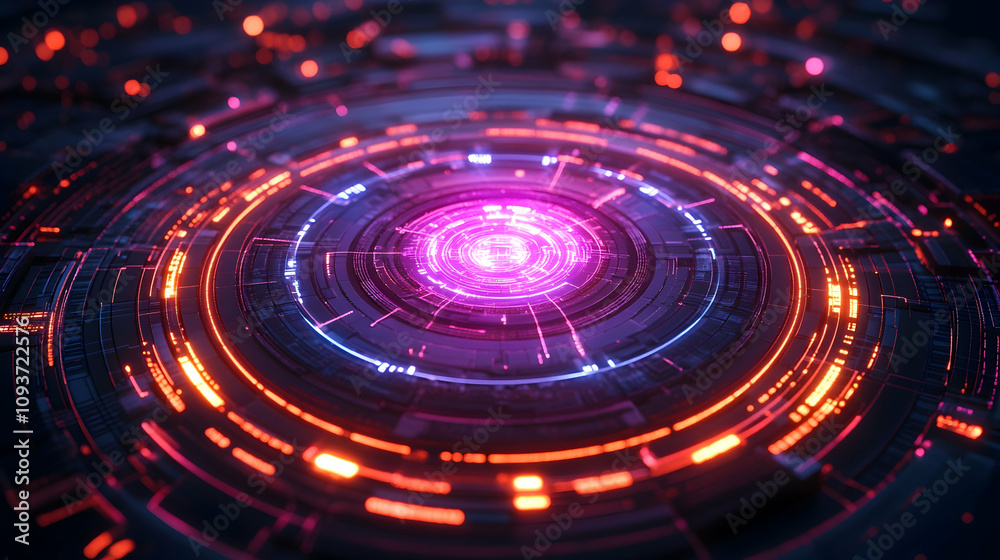 Abstract futuristic digital circles with glowing neon lights in vibrant colors creating a mesmerizing visual effect for technology and sci-fi themes