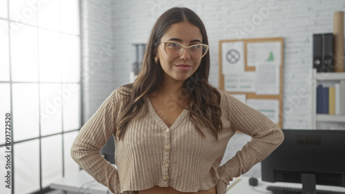 Young woman with brunette hair stands confidently in a modern office setting, showcasing her beauty and professionalism in an indoor workplace environment. Free Download Young woman with brunette hair stands confidently in a modern office setting, showcasing her beauty and professionalism in an indoor workplace environment. - GFXLoad