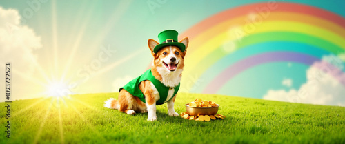 Corgi in leprechaun costume at rainbow's end, Irish luck