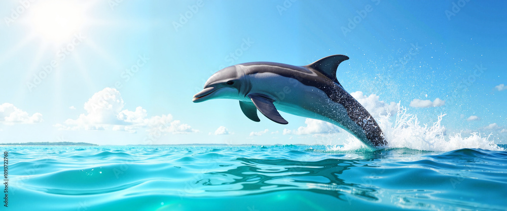 Sleek dolphin leaping in crystal ocean, photorealistic action shot Sleek dolphin leaping in crystal ocean, photorealistic action shot