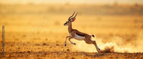 Springbok leaping across desert at sunset