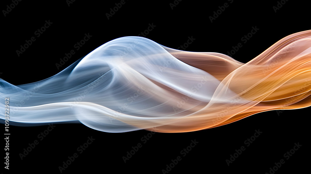 Fototapeta premium Abstract flowing smoke wave in shades of blue and orange, creating a mesmerizing visual effect, suitable for backgrounds, wallpapers, and creative projects.